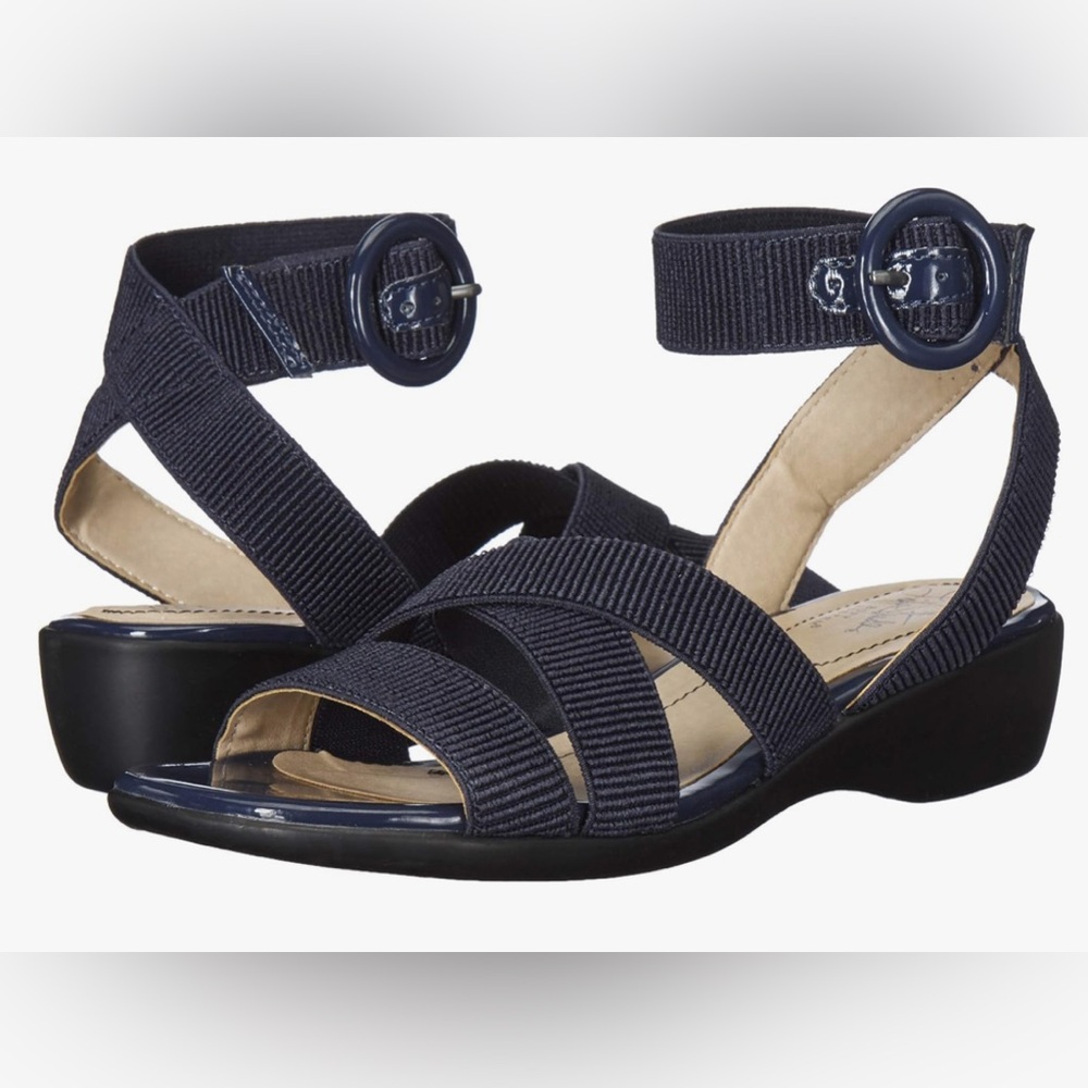 NIB [Life Stride] Temple Ankle Strap Flat Wedge Sandals Navy Blue Women’s 6 Wide - Picture 2 of 13